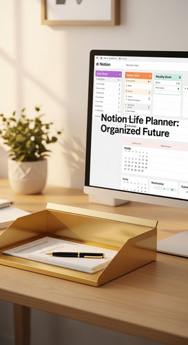 A clean workspace with a gold letter tray and a screen showing a Notion Life Planner overlay text No.jpg