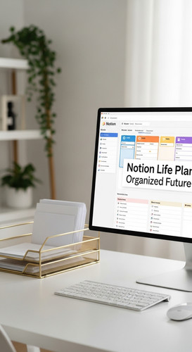 A clean workspace with a gold letter tray and a screen showing a Notion Life Planner overlay text No.jpg
