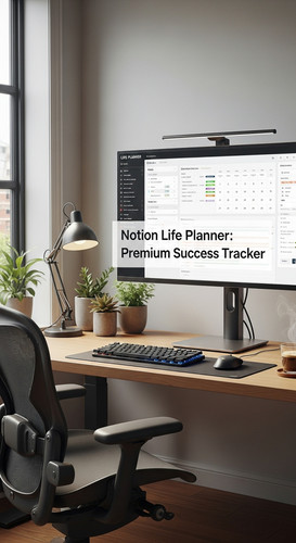 A highend workspace with a screen showing a Life Planner overlay text Notion Life Planner Premium Su.jpg