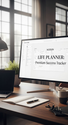 A highend workspace with a screen showing a Life Planner overlay text Notion Life Planner Premium Su.jpg