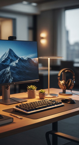A highend workspace with a screen showing a Life Planner overlay text Notion Life Planner Precision .jpg