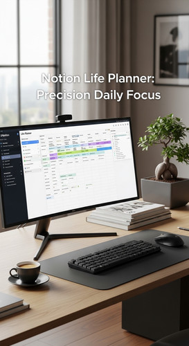 A highend workspace with a screen showing a Life Planner overlay text Notion Life Planner Precision .jpg