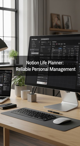 A highend workspace with a screen showing a Life Planner overlay text Notion Life Planner Reliable P.jpg