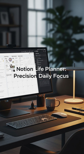 A highend workspace with a screen showing a Life Planner overlay text Notion Life Planner Precision .jpg