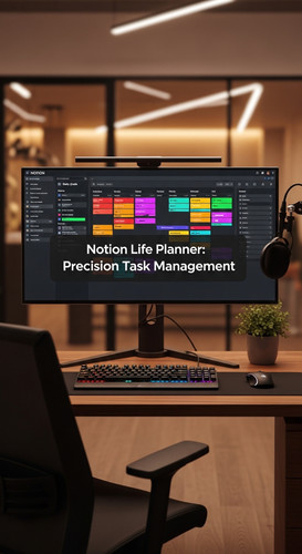 A highend workspace with a screen showing a Life Planner overlay text Notion Life Planner Precision .jpg