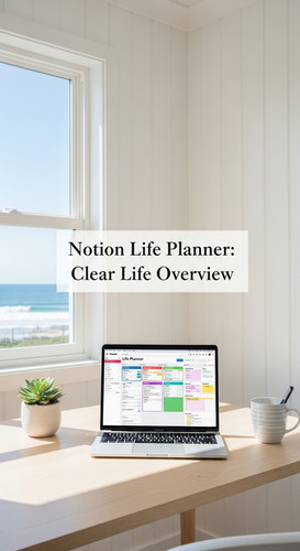A bright coastal office with a laptop showing a Life Planner overlay text Notion Life Planner Clear .jpg