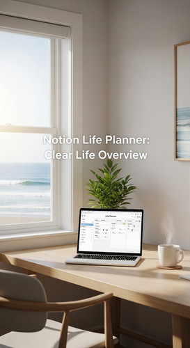 A bright coastal office with a laptop showing a Life Planner overlay text Notion Life Planner Clear .jpg