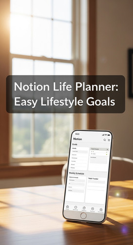 A bright home office with a phone showing a Notion Life Planner overlay text Notion Life Planner Eas.jpg