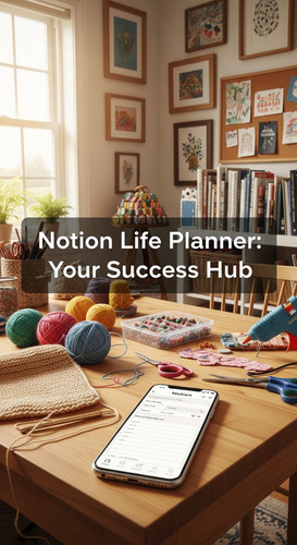 A bright craft room with a phone showing a Notion Life Planner overlay text Notion Life Planner Your.jpg