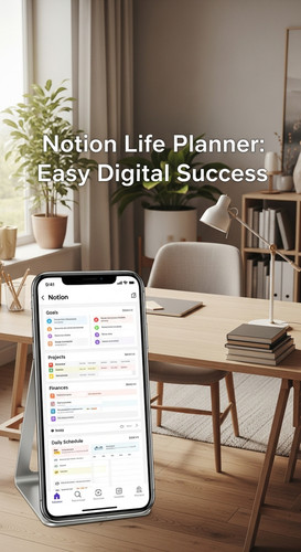 A bright home office with a phone showing a Notion Life Planner overlay text Notion Life Planner Eas.jpg