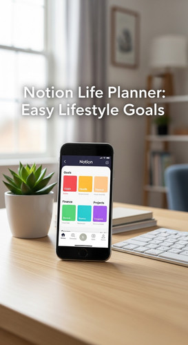 A bright home office with a phone showing a Notion Life Planner overlay text Notion Life Planner Eas.jpg