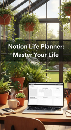 A bright greenhousestyle office with a laptop showing a Notion Life Planner overlay text Notion Life.jpg