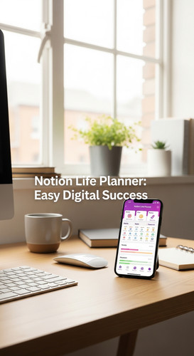 A bright home office with a phone showing a Notion Life Planner overlay text Notion Life Planner Eas.jpg