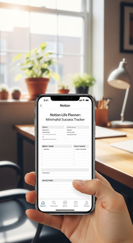 A bright home office with a phone showing a Notion Life Planner overlay text Notion Life Planner Min.jpg