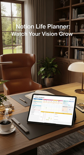 A luxury home office with a tablet showing a Notion Life Planner overlay text Notion Life Planner Wa.jpg