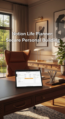 A luxury home office with a tablet showing a Notion Life Planner overlay text Notion Life Planner Se.jpg