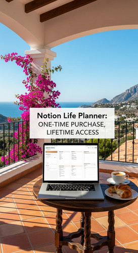 A luxury Mediterranean balcony with a laptop showing a Notion Life Planner overlay text Notion Life .jpg