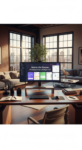 A luxury loft apartment corner office with a wide monitor a Life Planner on screen overlay text Noti.jpg