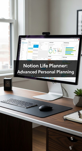 A highend desk with a screen showing a Notion Life Planner overlay text Notion Life Planner Advanced.jpg
