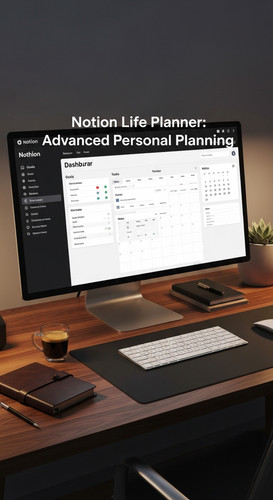 A highend desk with a screen showing a Notion Life Planner overlay text Notion Life Planner Advanced.jpg