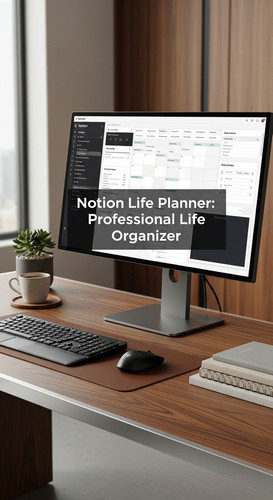 A highend desk with a screen showing a Notion Life Planner overlay text Notion Life Planner Professi.jpg