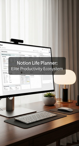 A highend desk with a screen showing a Notion Life Planner overlay text Notion Life Planner Elite Pr.jpg