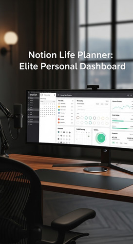 A highend desk with a screen showing a Notion Life Planner overlay text Notion Life Planner Elite Pe.jpg