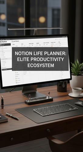 A highend desk with a screen showing a Notion Life Planner overlay text Notion Life Planner Elite Pr.jpg