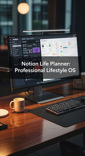 A highend desk with a screen showing a Notion Life Planner overlay text Notion Life Planner Professi.jpg