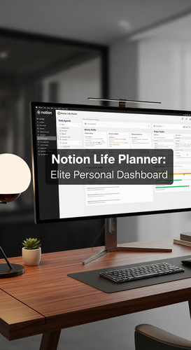 A highend desk with a screen showing a Notion Life Planner overlay text Notion Life Planner Elite Pe.jpg
