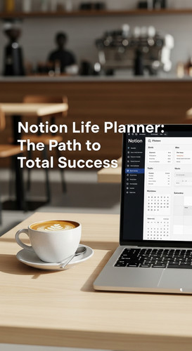 A minimalist coffee shop table with an espresso and a screen showing a Notion Life Planner overlay t.jpg