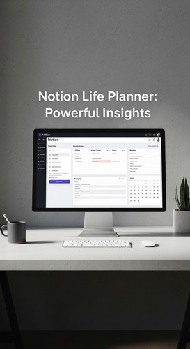 A minimalist concrete studio desk with a Notion Life Planner on screen overlay text Notion Life Plan.jpg