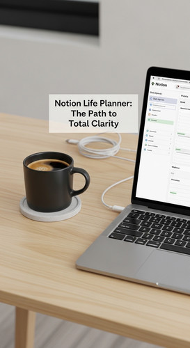 A minimalist desk with an espresso and a screen showing a Notion Life Planner overlay text Notion Li.jpg
