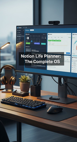 A highend desk with a screen showing a Notion Life Planner overlay text Notion Life Planner The Comp.jpg