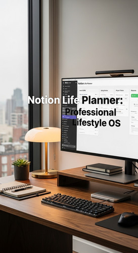 A highend desk with a screen showing a Notion Life Planner overlay text Notion Life Planner Professi.jpg