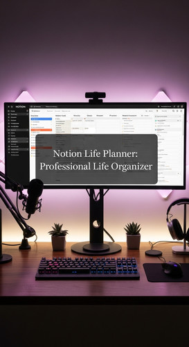 A highend desk with a screen showing a Notion Life Planner overlay text Notion Life Planner Professi.jpg