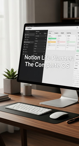 A highend desk with a screen showing a Notion Life Planner overlay text Notion Life Planner The Comp.jpg