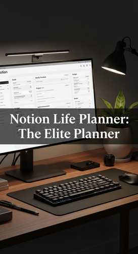 A highend desk with a screen showing a Notion Life Planner overlay text Notion Life Planner The Elit.jpg