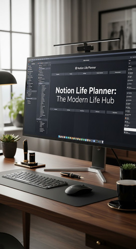 A highend desk with a screen showing a Notion Life Planner overlay text Notion Life Planner The Mode.jpg