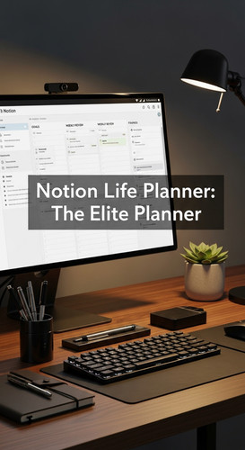 A highend desk with a screen showing a Notion Life Planner overlay text Notion Life Planner The Elit.jpg
