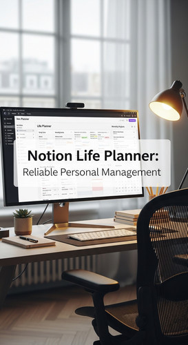 A highend workspace with a screen showing a Life Planner overlay text Notion Life Planner Reliable P.jpg
