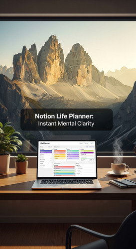 A home office with a mountain panorama a laptop showing a Life Planner overlay text Notion Life Plan.jpg