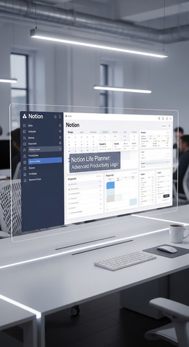 A hightech office with a screen showing a Notion Life Planner overlay text Notion Life Planner Advan.jpg