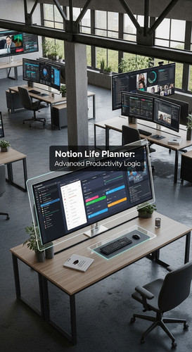 A hightech office with a screen showing a Notion Life Planner overlay text Notion Life Planner Advan.jpg