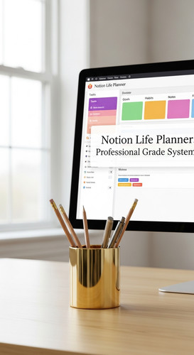 A clean workspace with a gold pencil holder and a screen showing a Notion Life Planner overlay text .jpg
