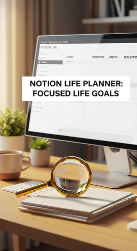 A clean workspace with a gold magnifying glass and a screen showing a Notion Life Planner overlay te.jpg