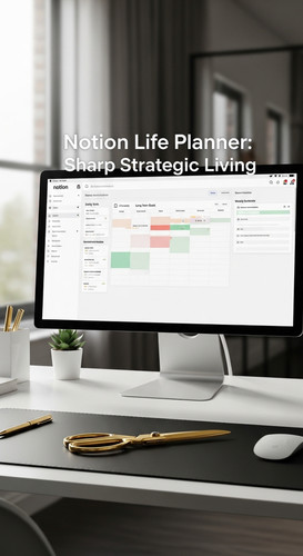 A clean workspace with a gold scissors and a screen showing a Notion Life Planner overlay text Notio.jpg