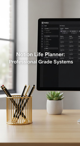 A clean workspace with a gold pencil holder and a screen showing a Notion Life Planner overlay text .jpg