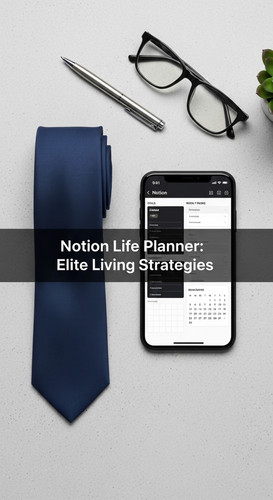 A minimalist flatlay with a navy tie and a phone showing a Notion Life Planner overlay text Notion L.jpg