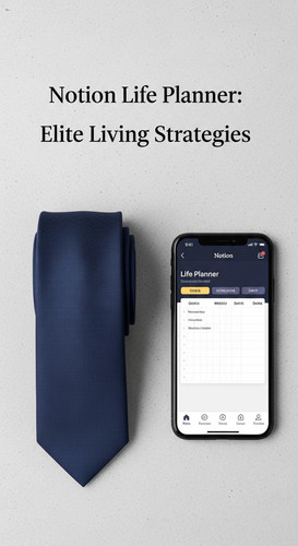 A minimalist flatlay with a navy tie and a phone showing a Notion Life Planner overlay text Notion L.jpg